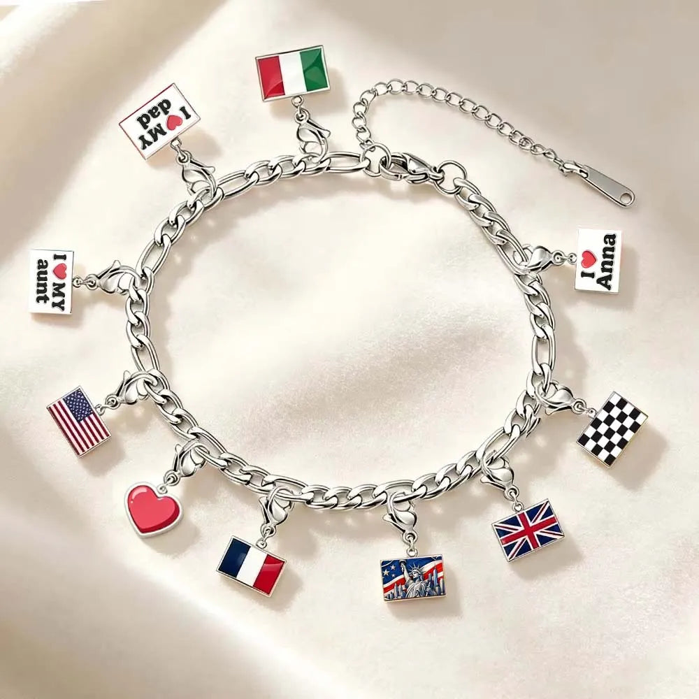 Custom DIY Small National Country Flag Charms Bracelet For Woman Men Personalized Stainless Steel Father Mother Day Gift Jewelry