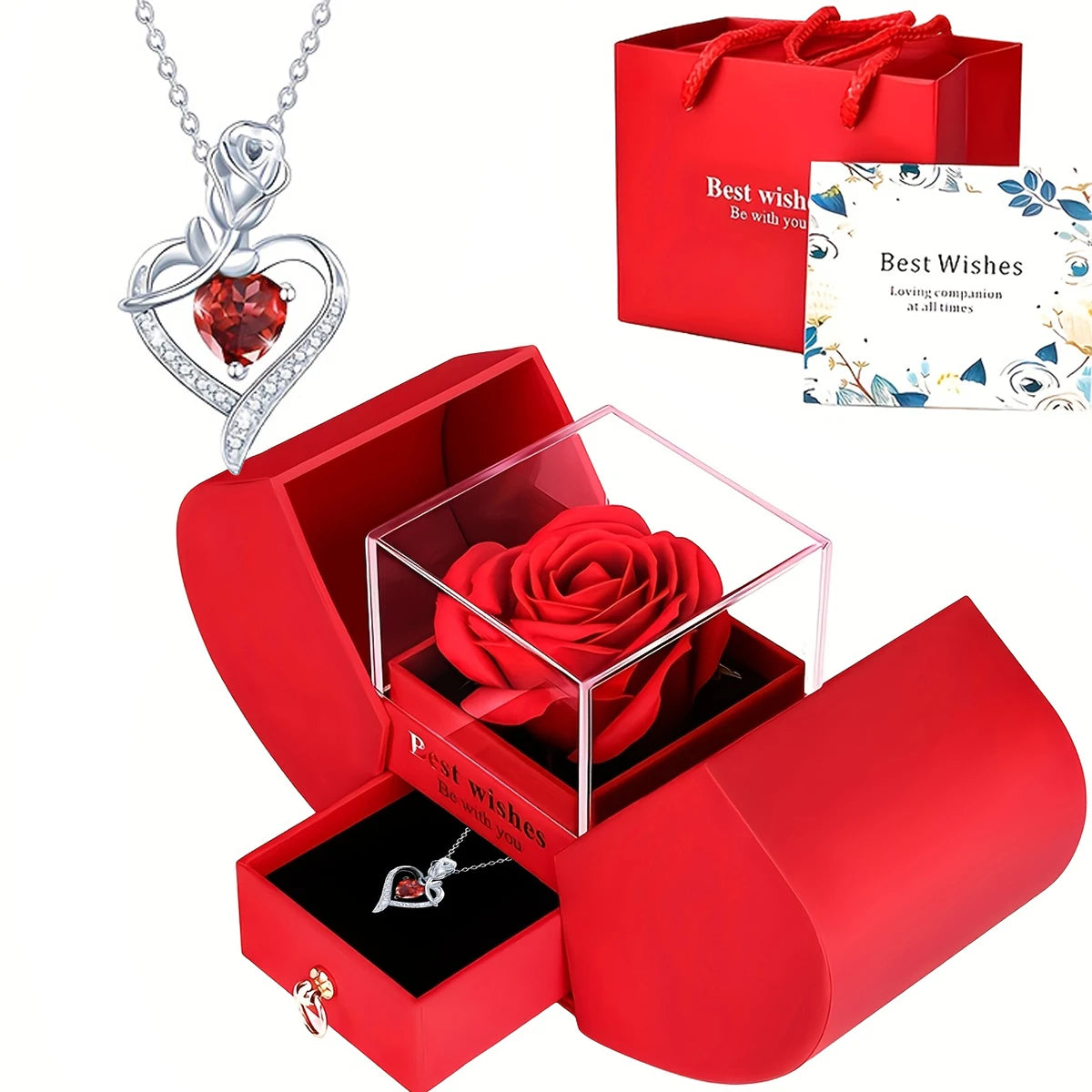 Eternal Rose Double Door Jewelry Box with Heart Shaped Necklace - Perfect Gift for Anniversary, Wedding, Birthday, Jewelry Gift