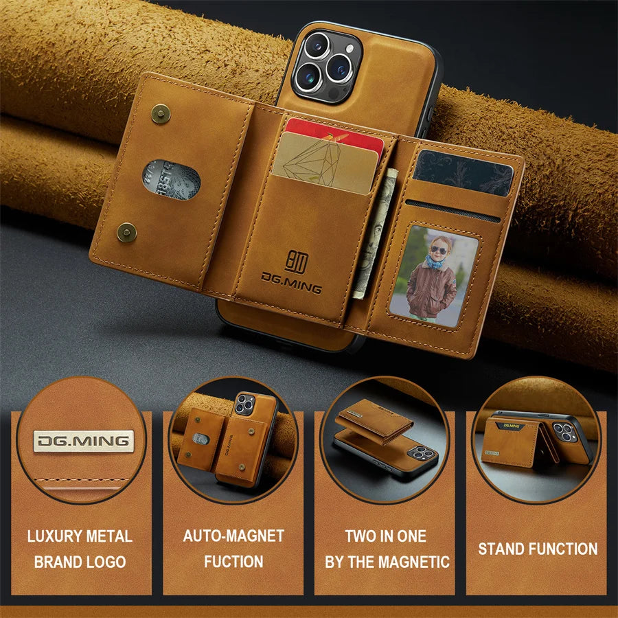 Luxury Magnetic Leather Wallet Case for iPhone 15 14 Plus 11 12 13 16 Pro XS Max X XR Magnet Detachable Money Card Holder Cover