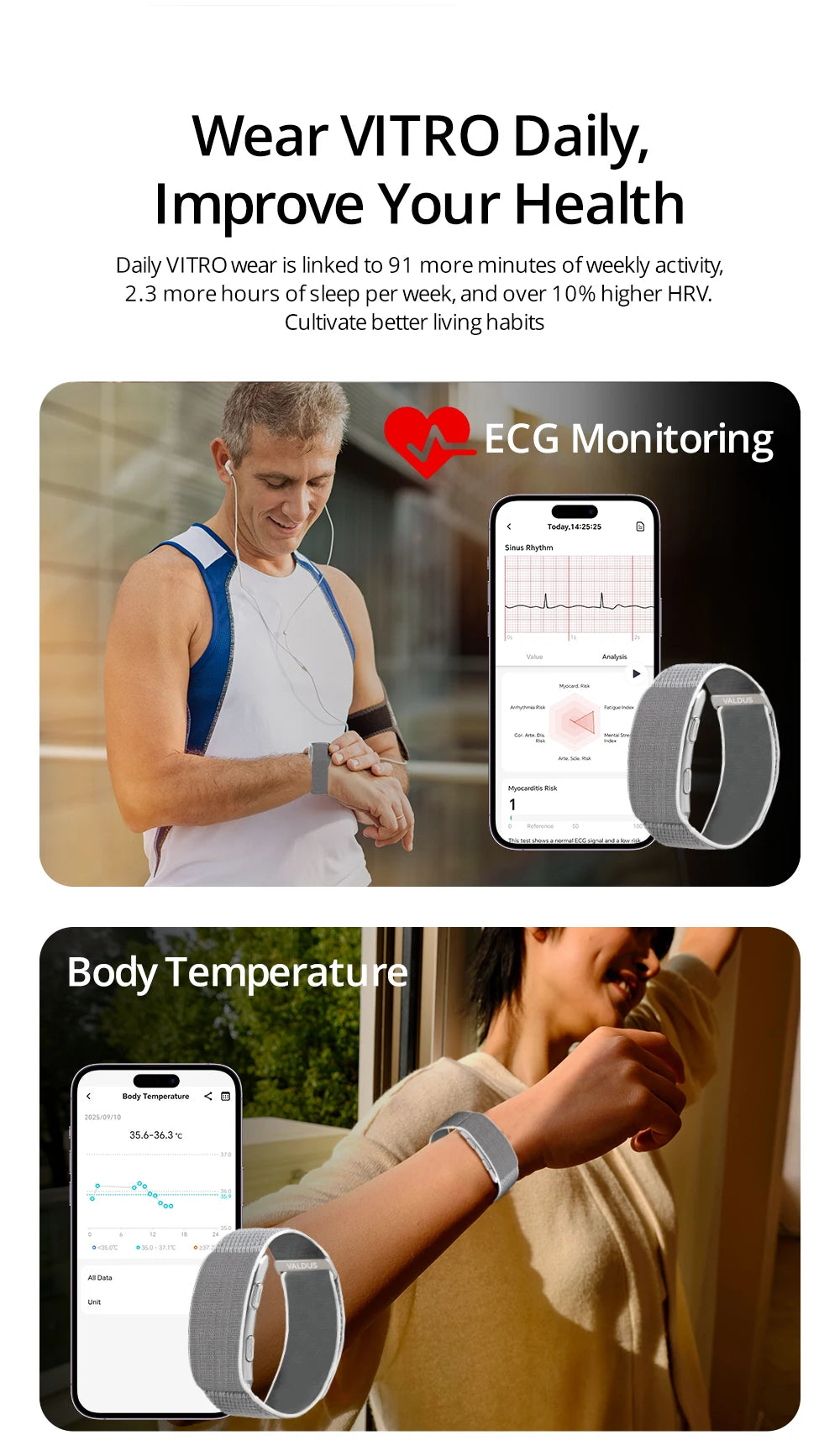 VALDUS 2026 New VITRO NO Screen Smart Bracelet ECG SOS Heart Rate Blood Pressure Sports Fitness Waterproof Screenless Smartwatch