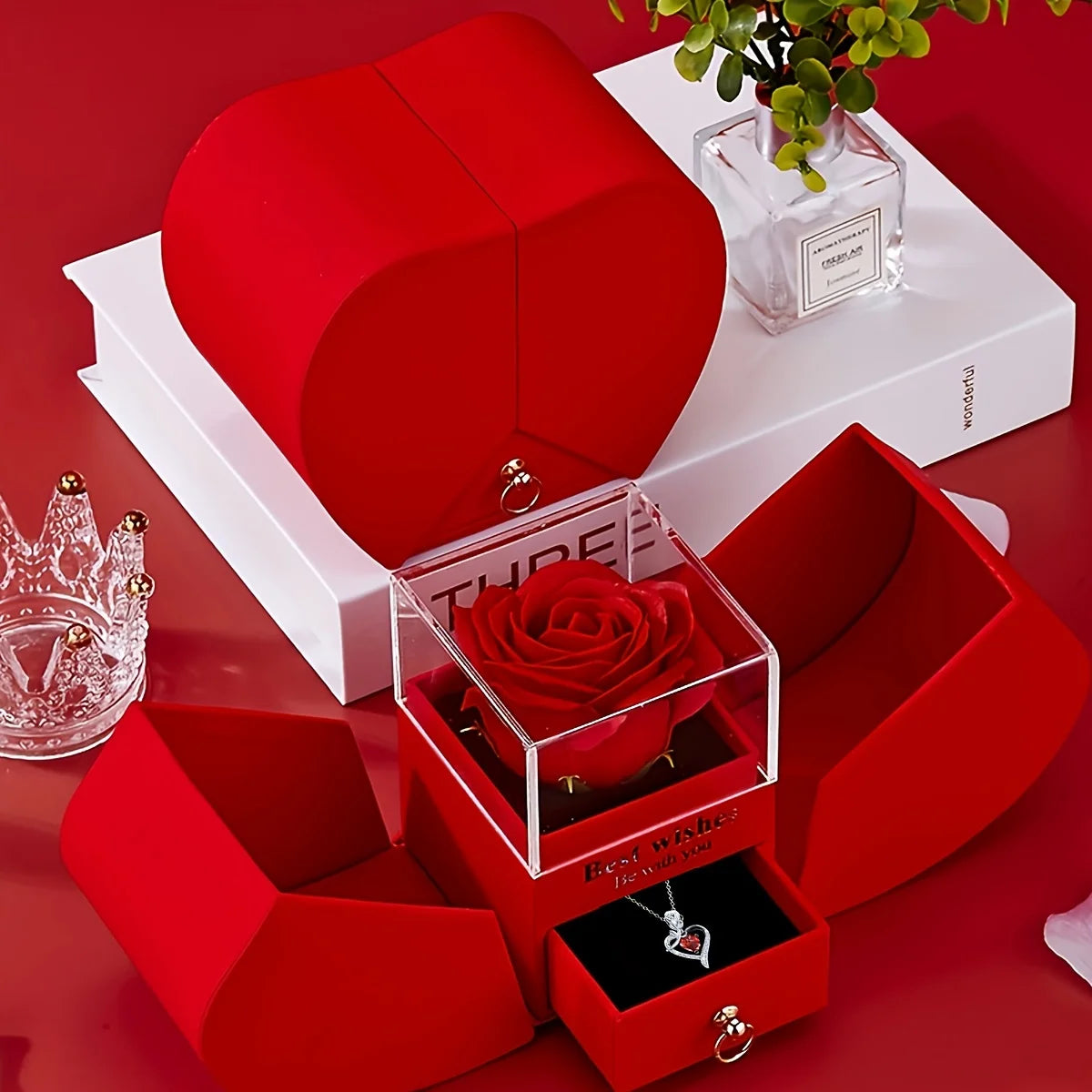 Eternal Rose Double Door Jewelry Box with Heart Shaped Necklace - Perfect Gift for Anniversary, Wedding, Birthday, Jewelry Gift