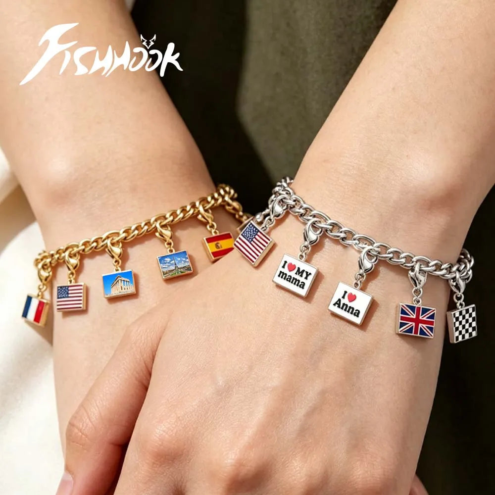 Custom DIY Small National Country Flag Charms Bracelet For Woman Men Personalized Stainless Steel Father Mother Day Gift Jewelry