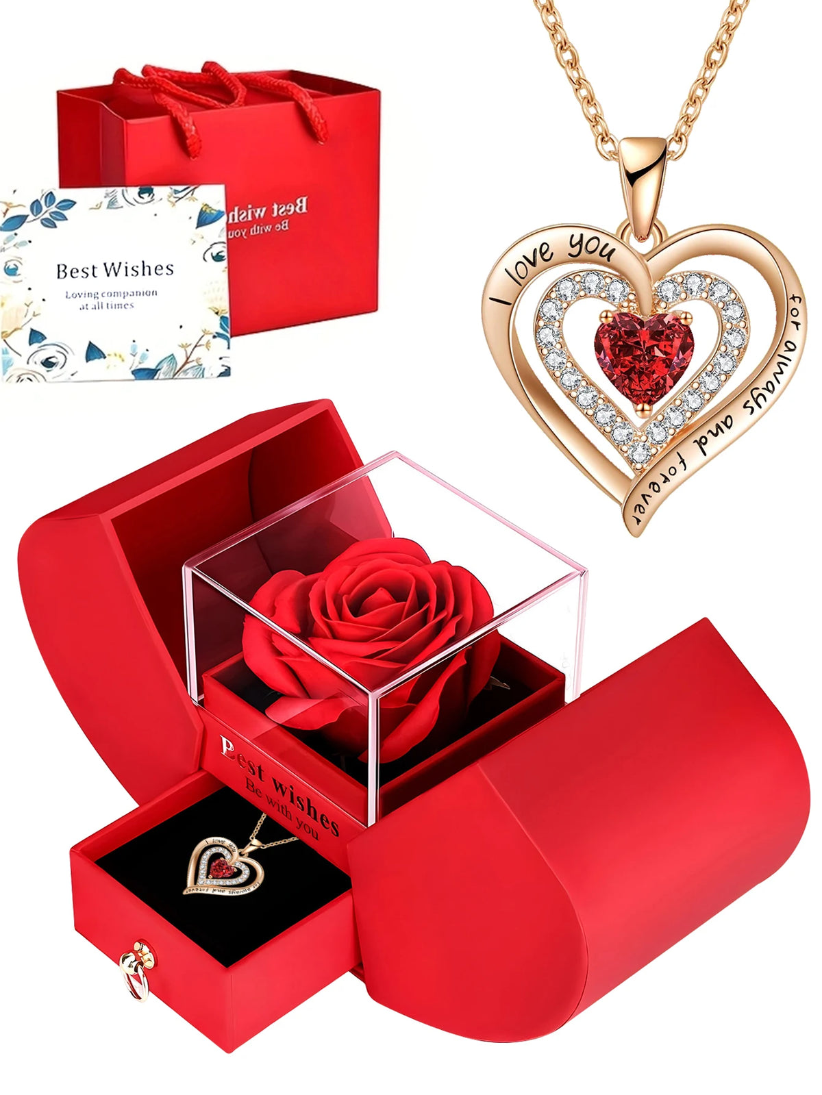 Eternal Rose Double Door Jewelry Box with Heart Shaped Necklace - Perfect Gift for Anniversary, Wedding, Birthday, Jewelry Gift