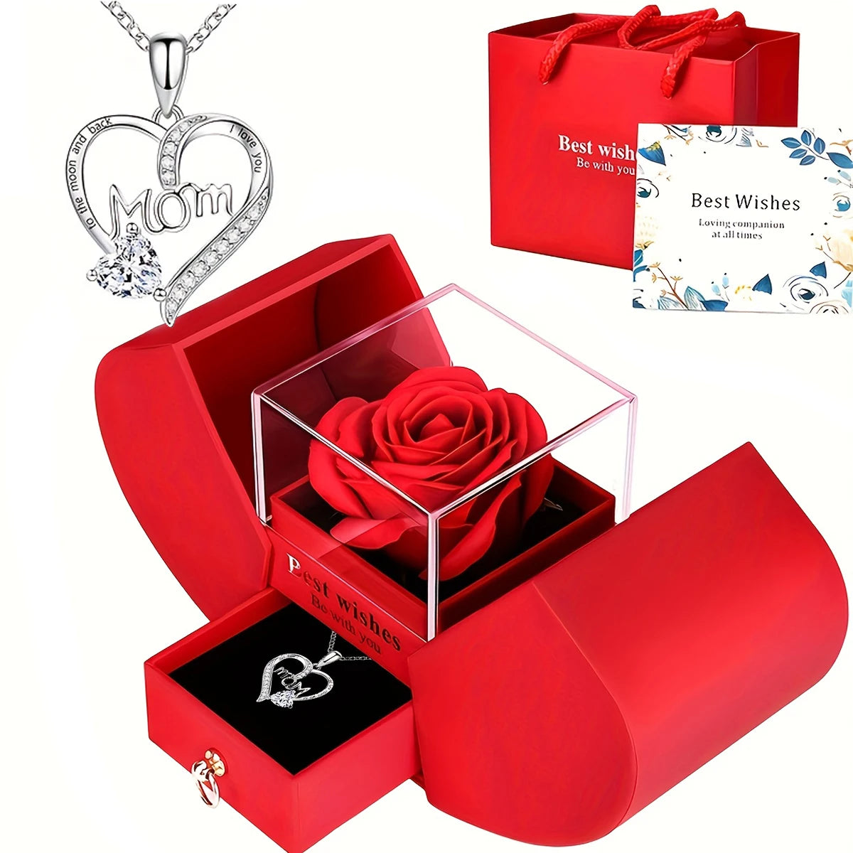 Eternal Rose Double Door Jewelry Box with Heart Shaped Necklace - Perfect Gift for Anniversary, Wedding, Birthday, Jewelry Gift