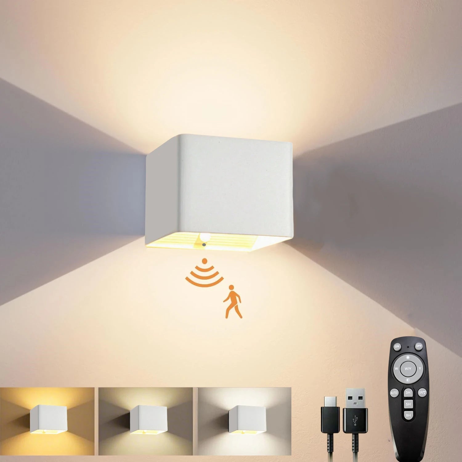 Wireless Rechargeable Battery-Powered Wall Light with Motion Sensor and Remote Control, 3-Color Wireless Wall Light, Led Indoor Up-And-Down Wall Light, 4000Mah, Adjustable Brightness, Magnetic Wall Light, Led Wall Light for B