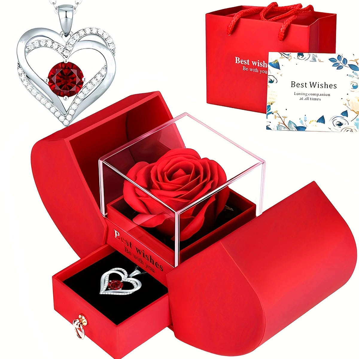Eternal Rose Double Door Jewelry Box with Heart Shaped Necklace - Perfect Gift for Anniversary, Wedding, Birthday, Jewelry Gift