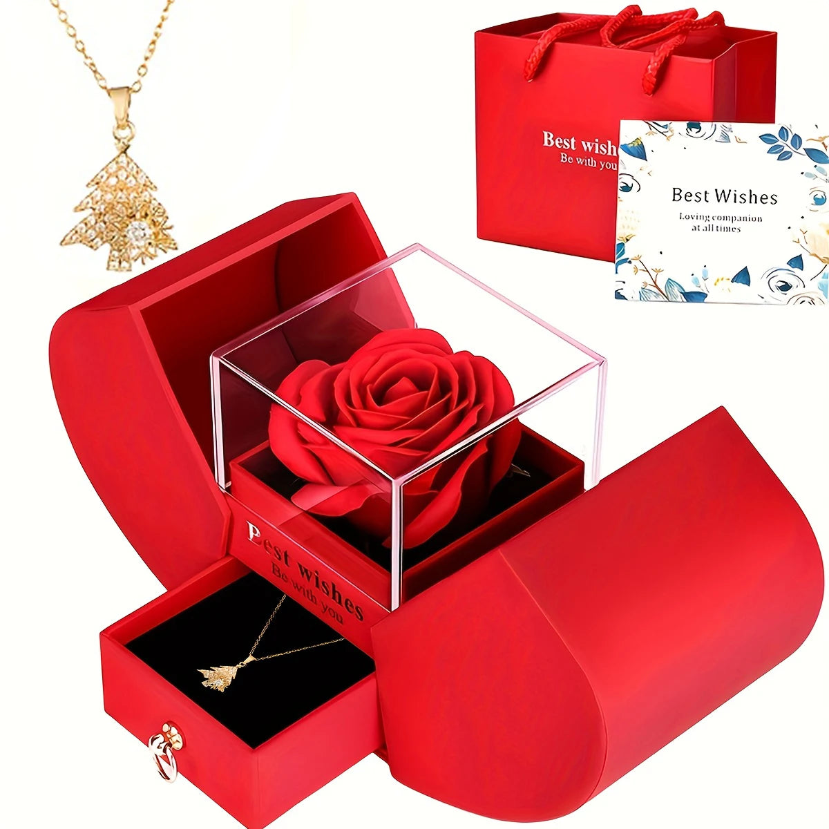 Eternal Rose Double Door Jewelry Box with Heart Shaped Necklace - Perfect Gift for Anniversary, Wedding, Birthday, Jewelry Gift