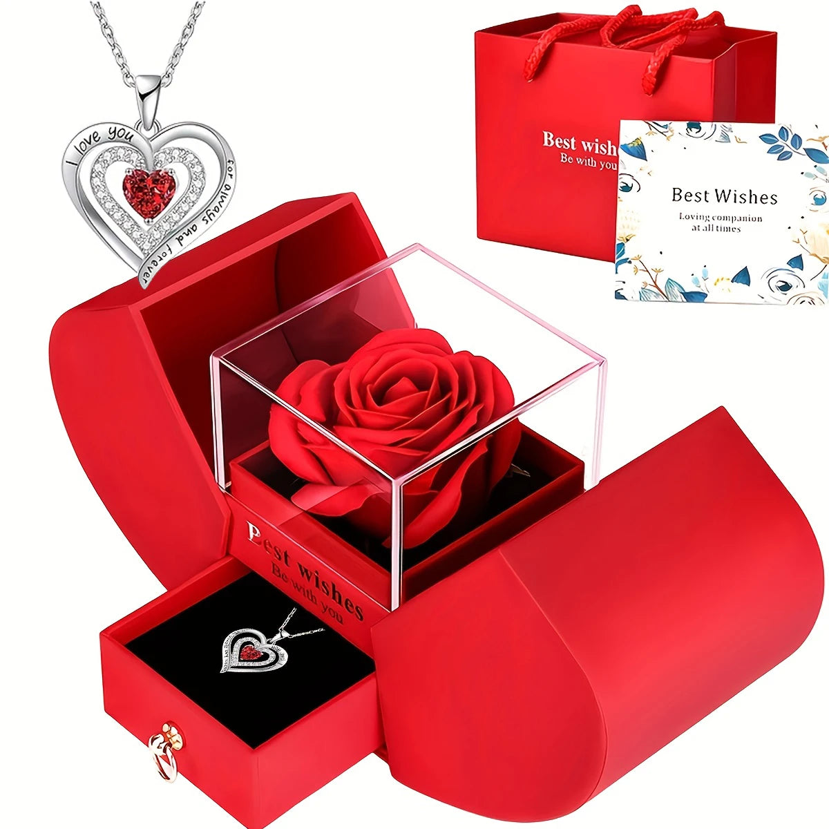 Eternal Rose Double Door Jewelry Box with Heart Shaped Necklace - Perfect Gift for Anniversary, Wedding, Birthday, Jewelry Gift