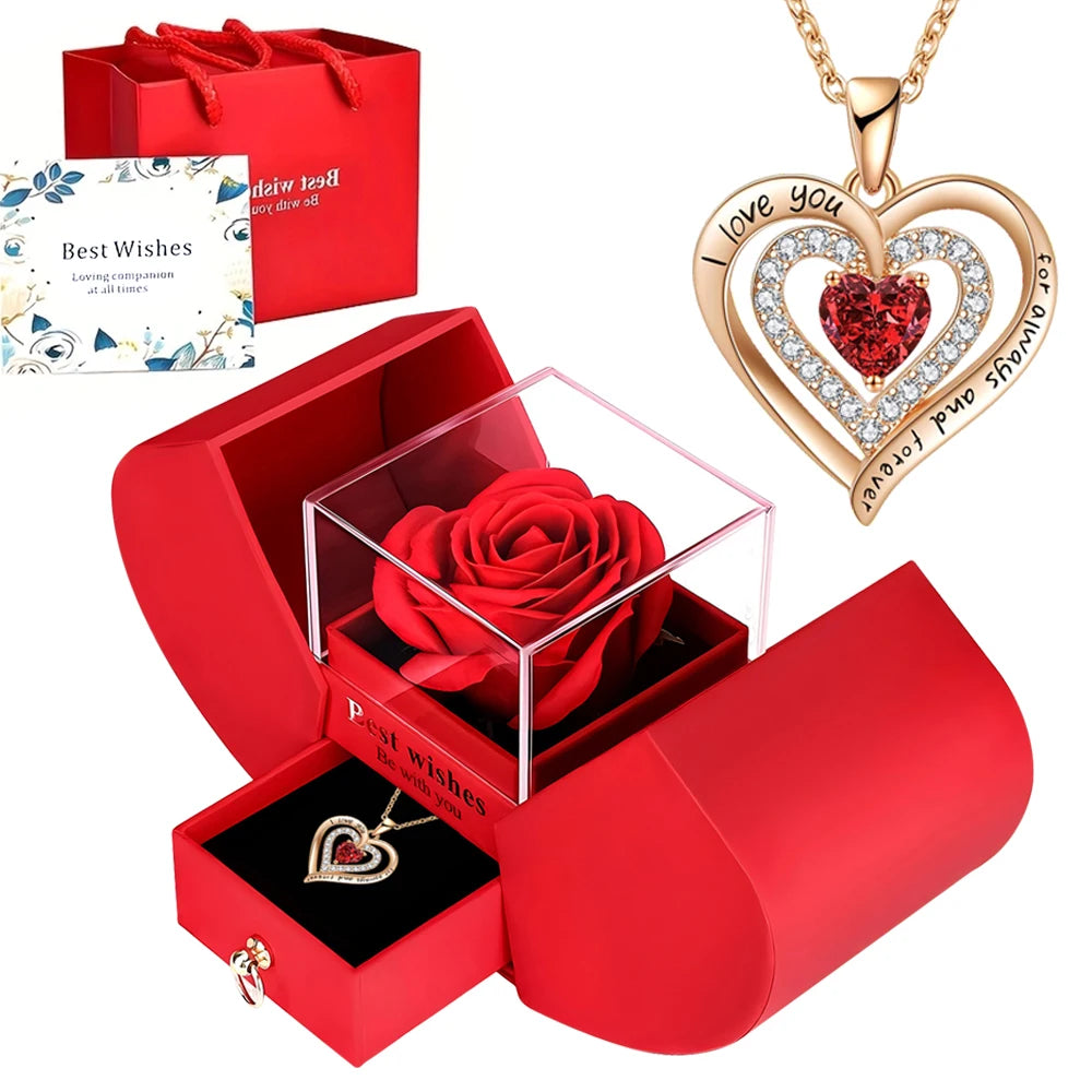 Eternal Rose Double Door Jewelry Box with Heart Shaped Necklace - Perfect Gift for Anniversary, Wedding, Birthday, Jewelry Gift