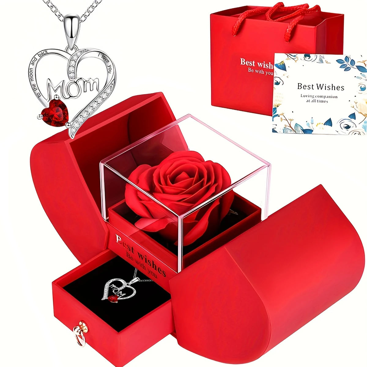 Eternal Rose Double Door Jewelry Box with Heart Shaped Necklace - Perfect Gift for Anniversary, Wedding, Birthday, Jewelry Gift
