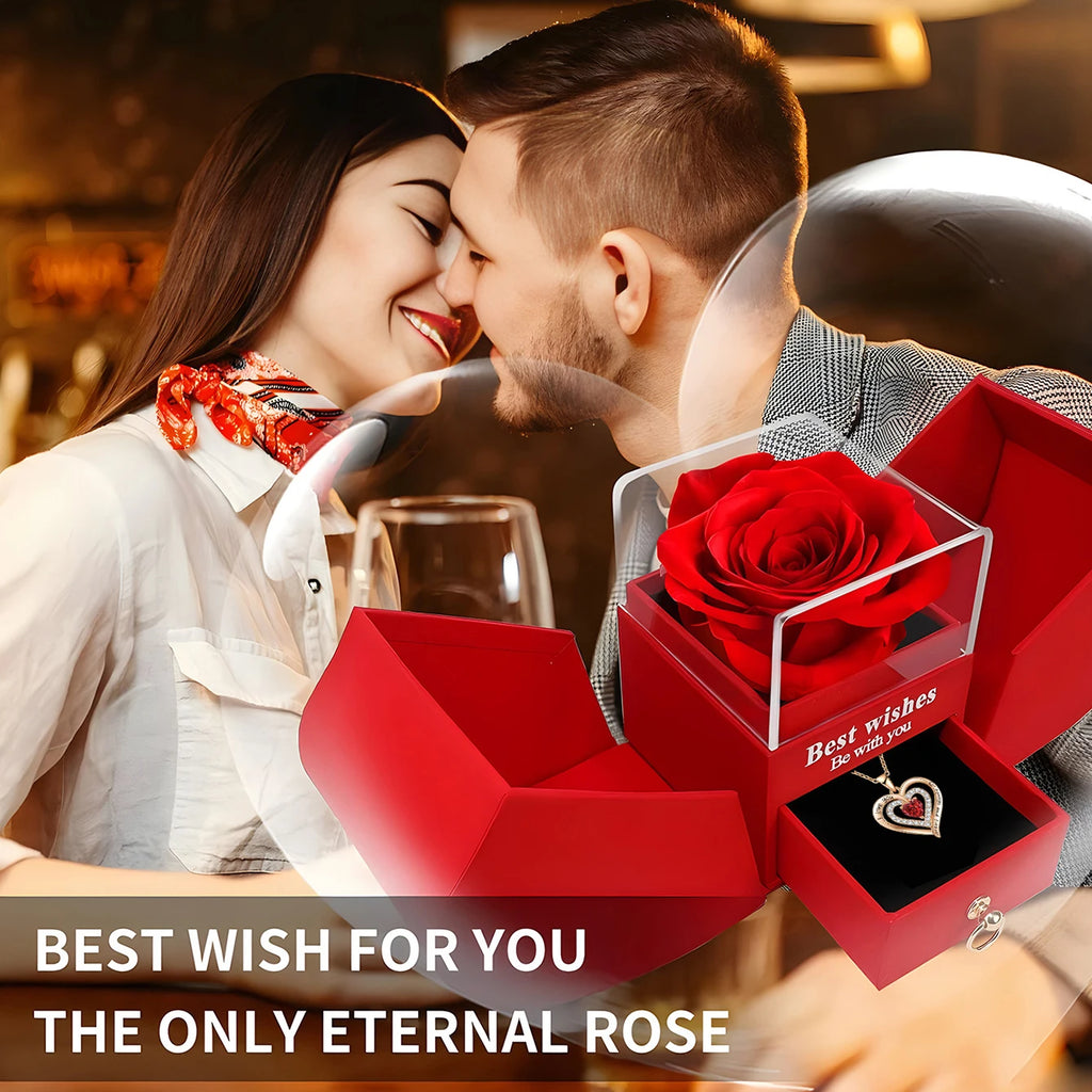 Eternal Rose Double Door Jewelry Box with Heart Shaped Necklace - Perfect Gift for Anniversary, Wedding, Birthday, Jewelry Gift