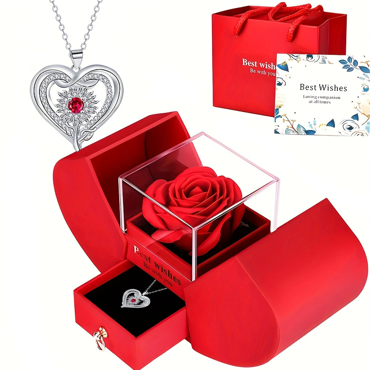 Eternal Rose Double Door Jewelry Box with Heart Shaped Necklace - Perfect Gift for Anniversary, Wedding, Birthday, Jewelry Gift