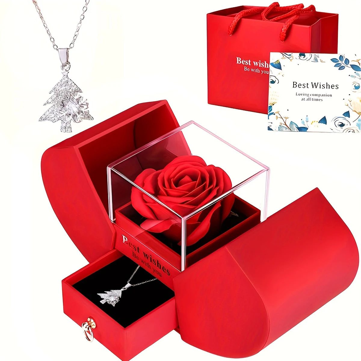 Eternal Rose Double Door Jewelry Box with Heart Shaped Necklace - Perfect Gift for Anniversary, Wedding, Birthday, Jewelry Gift