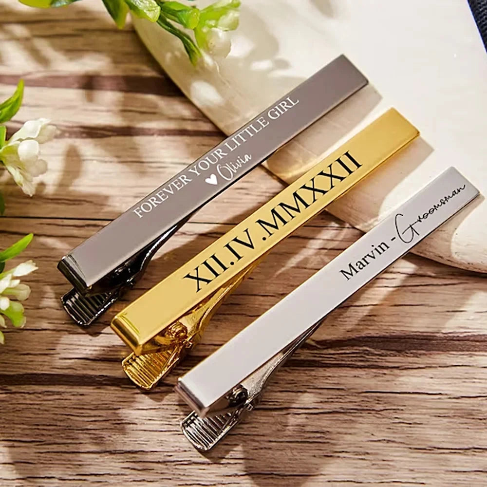 New Custom Carved Name Tie Clips Personalized Stainless Steel Luxury Men Tie Clip Women Jewelry Wedding Bride Groom Accessories