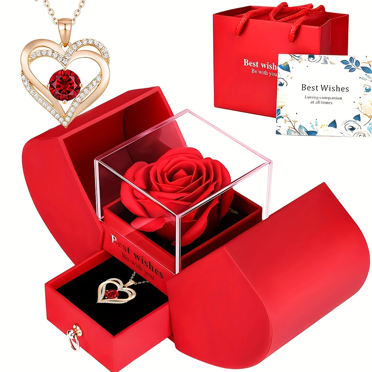 Eternal Rose Double Door Jewelry Box with Heart Shaped Necklace - Perfect Gift for Anniversary, Wedding, Birthday, Jewelry Gift