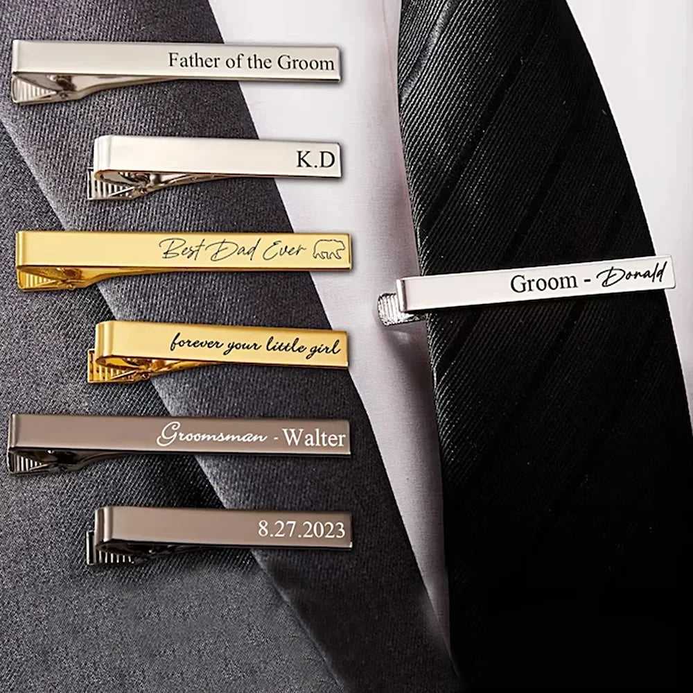 New Custom Carved Name Tie Clips Personalized Stainless Steel Luxury Men Tie Clip Women Jewelry Wedding Bride Groom Accessories