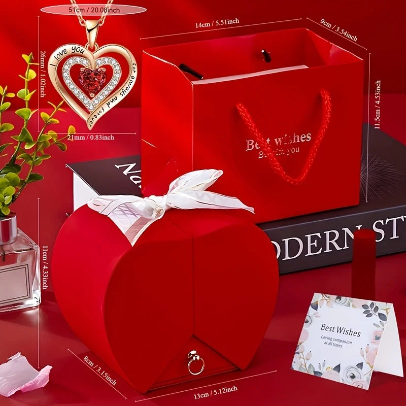 Eternal Rose Double Door Jewelry Box with Heart Shaped Necklace - Perfect Gift for Anniversary, Wedding, Birthday, Jewelry Gift